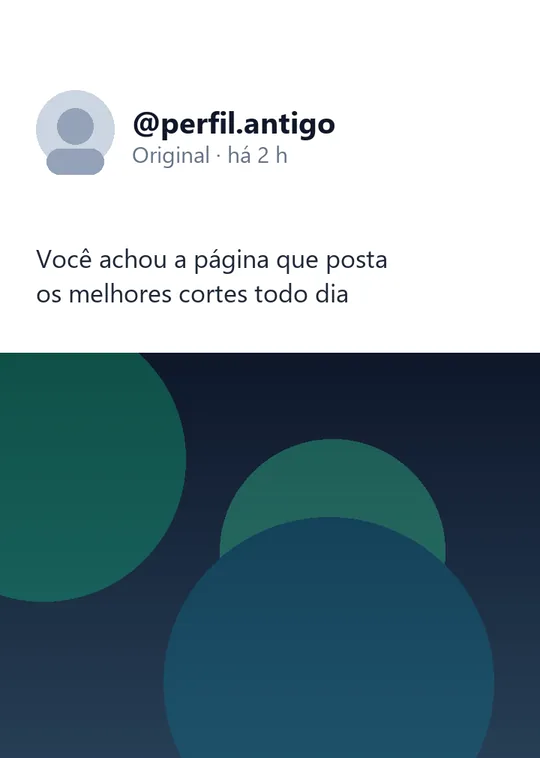 Quadro do vídeo de origem: no topo, o perfil da página antiga, com avatar, o nome @perfil.antigo e a frase de chamada dela; abaixo, a faixa com a imagem do vídeo.